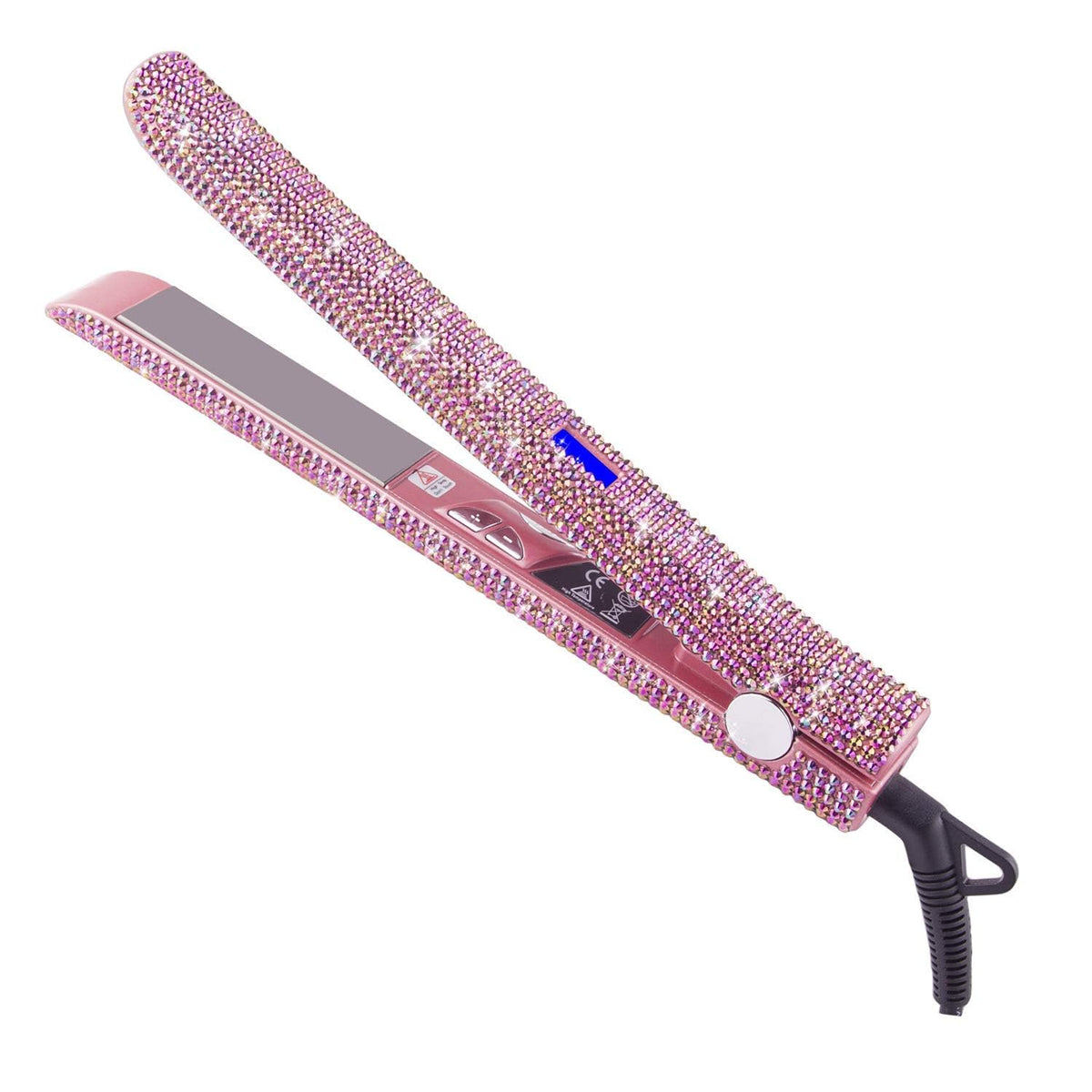 480°F High Temp Hair Straightener and Curler, Titanium Flat Iron Rhinestone Straightening Iron, 2 in 1 Straightening Curling 1“ Salon Professional Dual Voltage Crystal Bling Rose Pink