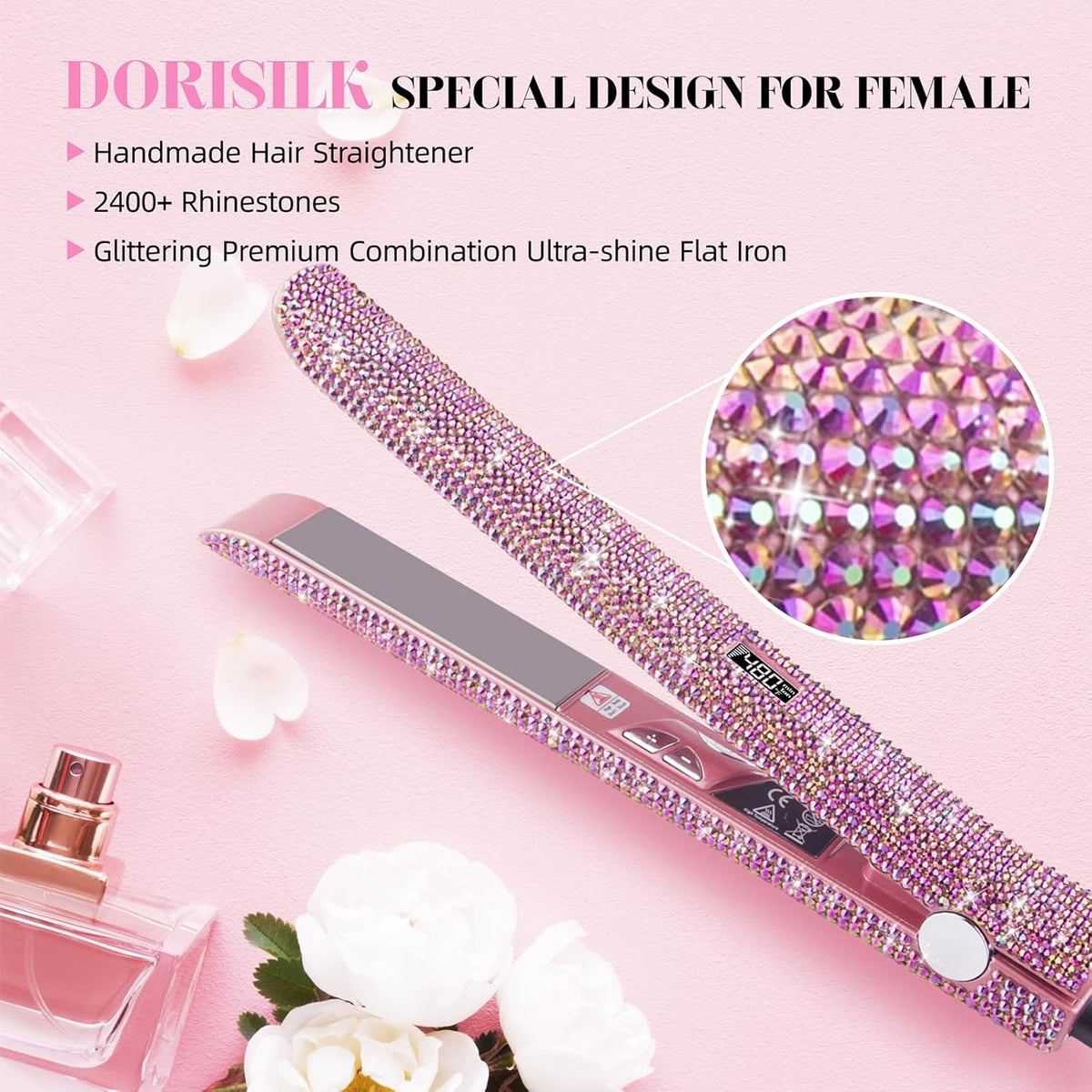 480°F High Temp Hair Straightener and Curler, Titanium Flat Iron Rhinestone Straightening Iron, 2 in 1 Straightening Curling 1“ Salon Professional Dual Voltage Crystal Bling Rose Pink
