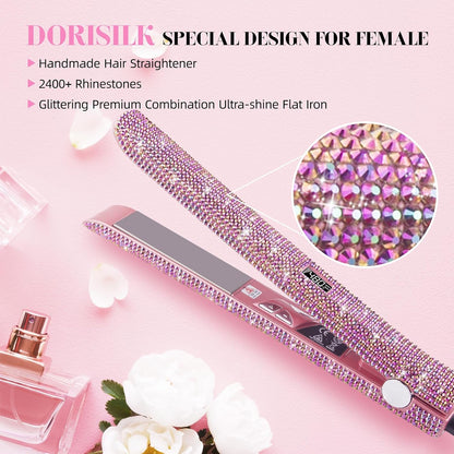 480°F High Temp Hair Straightener and Curler, Titanium Flat Iron Rhinestone Straightening Iron, 2 in 1 Straightening Curling 1“ Salon Professional Dual Voltage Crystal Bling Rose Pink