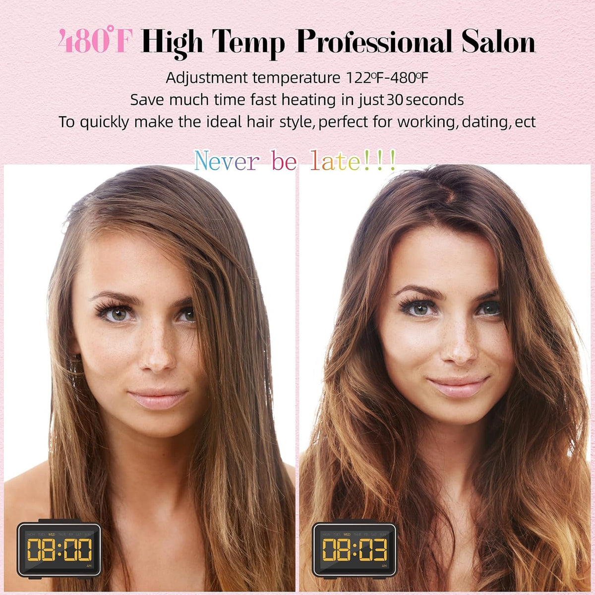 480°F High Temp Hair Straightener and Curler, Titanium Flat Iron Rhinestone Straightening Iron, 2 in 1 Straightening Curling 1“ Salon Professional Dual Voltage Crystal Bling Rose Pink