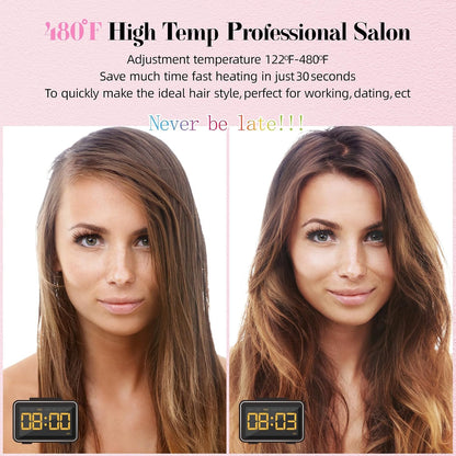 480°F High Temp Hair Straightener and Curler, Titanium Flat Iron Rhinestone Straightening Iron, 2 in 1 Straightening Curling 1“ Salon Professional Dual Voltage Crystal Bling Rose Pink