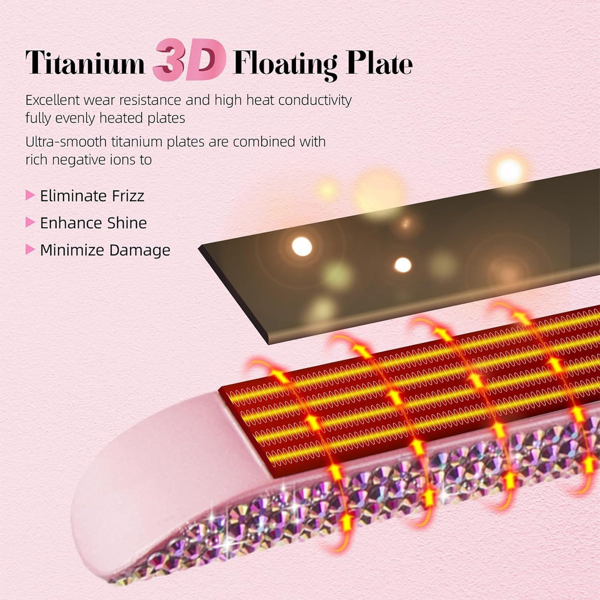 480°F High Temp Hair Straightener and Curler, Titanium Flat Iron Rhinestone Straightening Iron, 2 in 1 Straightening Curling 1“ Salon Professional Dual Voltage Crystal Bling Rose Pink
