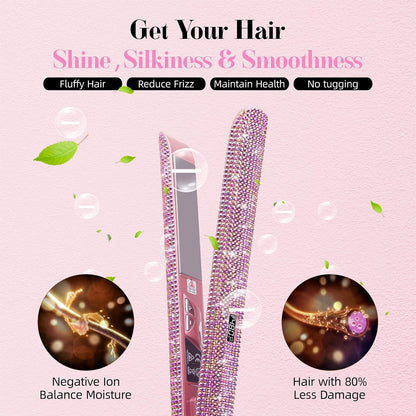 480°F High Temp Hair Straightener and Curler, Titanium Flat Iron Rhinestone Straightening Iron, 2 in 1 Straightening Curling 1“ Salon Professional Dual Voltage Crystal Bling Rose Pink