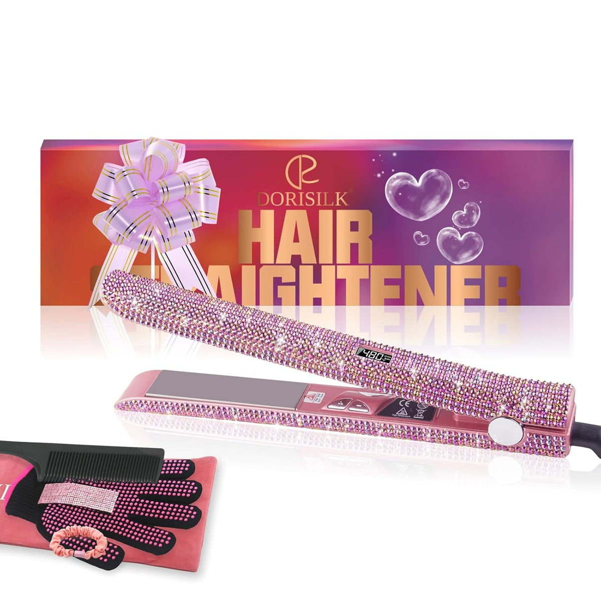 480°F High Temp Hair Straightener and Curler, Titanium Flat Iron Rhinestone Straightening Iron, 2 in 1 Straightening Curling 1“ Salon Professional Dual Voltage Crystal Bling Rose Pink