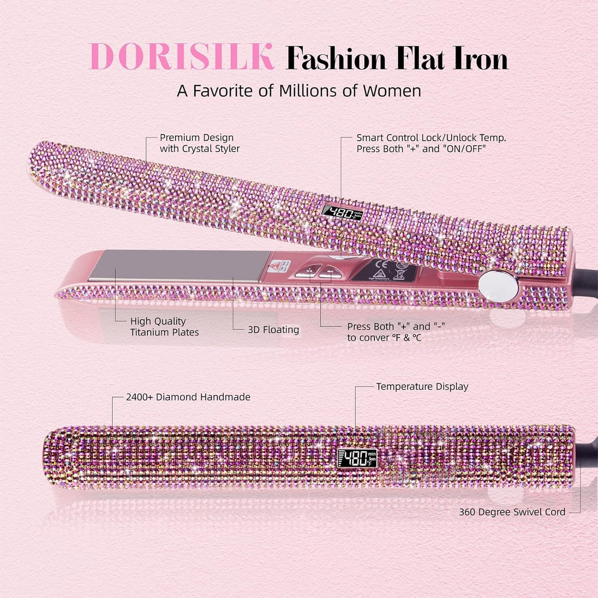 480°F High Temp Hair Straightener and Curler, Titanium Flat Iron Rhinestone Straightening Iron, 2 in 1 Straightening Curling 1“ Salon Professional Dual Voltage Crystal Bling Rose Pink