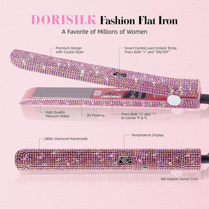 480°F High Temp Hair Straightener and Curler, Titanium Flat Iron Rhinestone Straightening Iron, 2 in 1 Straightening Curling 1“ Salon Professional Dual Voltage Crystal Bling Rose Pink