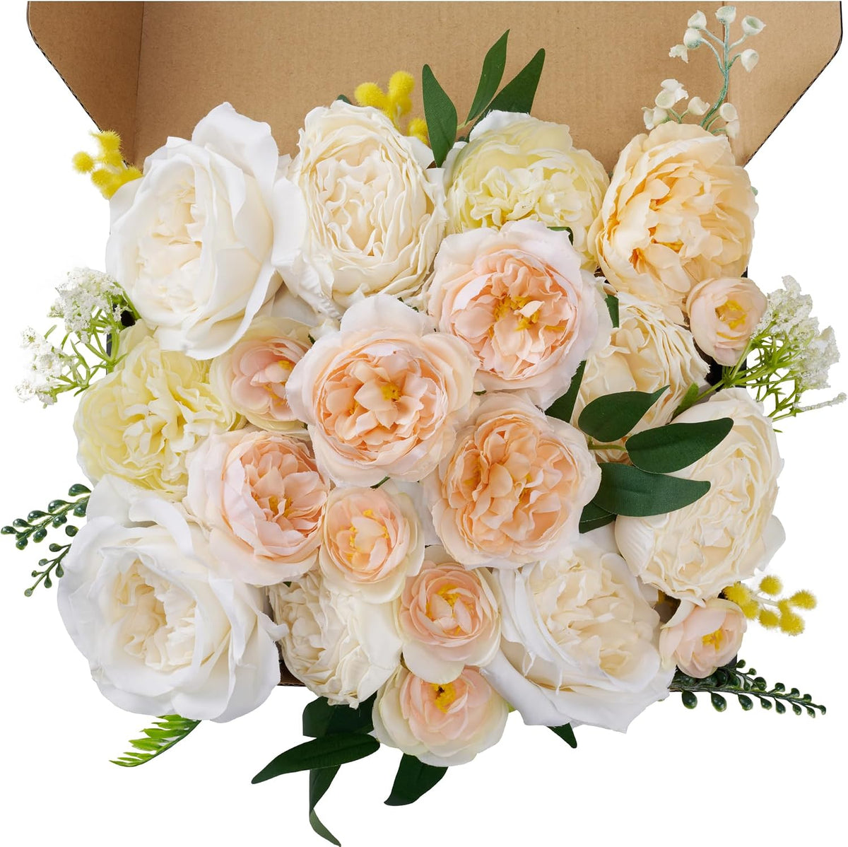 Peony Flower Box, 31PCS Artificial Peony Stems, Soft Peach & Cream Mix