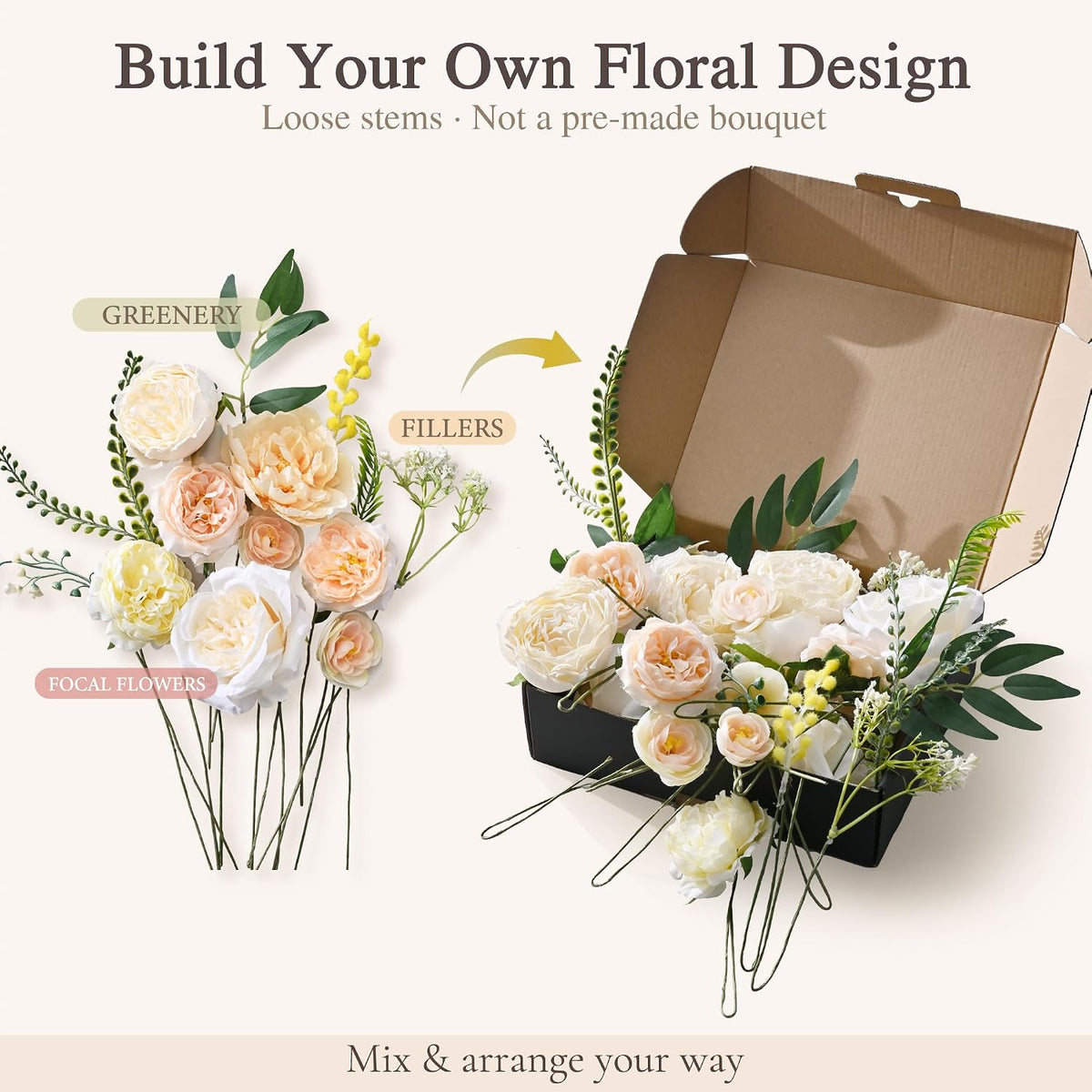 Peony Flower Box, 31PCS Artificial Peony Stems, Soft Peach & Cream Mix