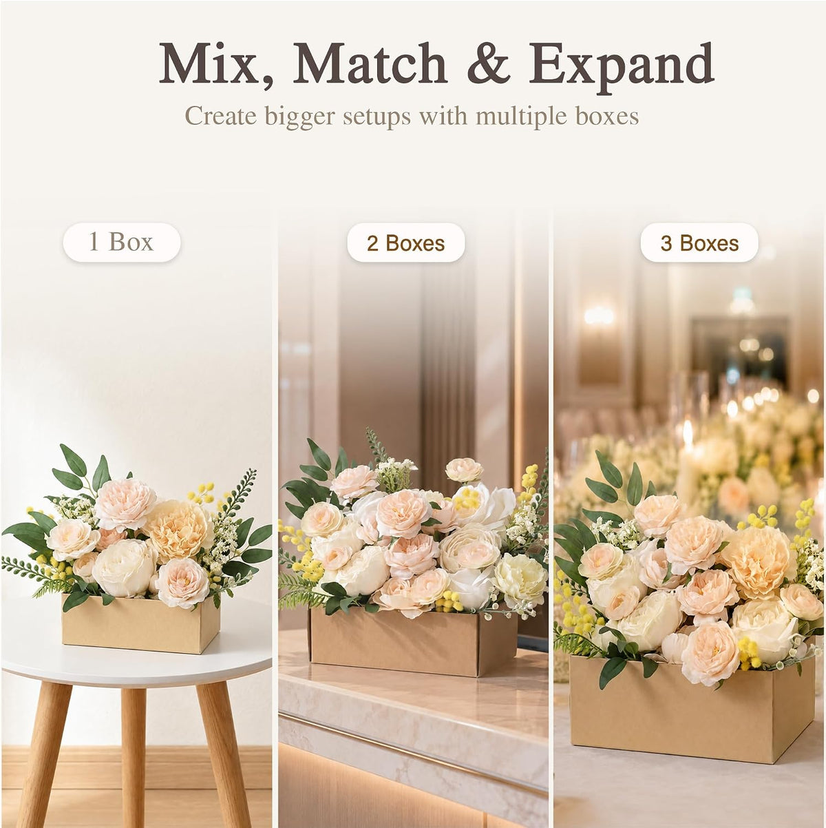 Peony Flower Box, 31PCS Artificial Peony Stems, Soft Peach & Cream Mix