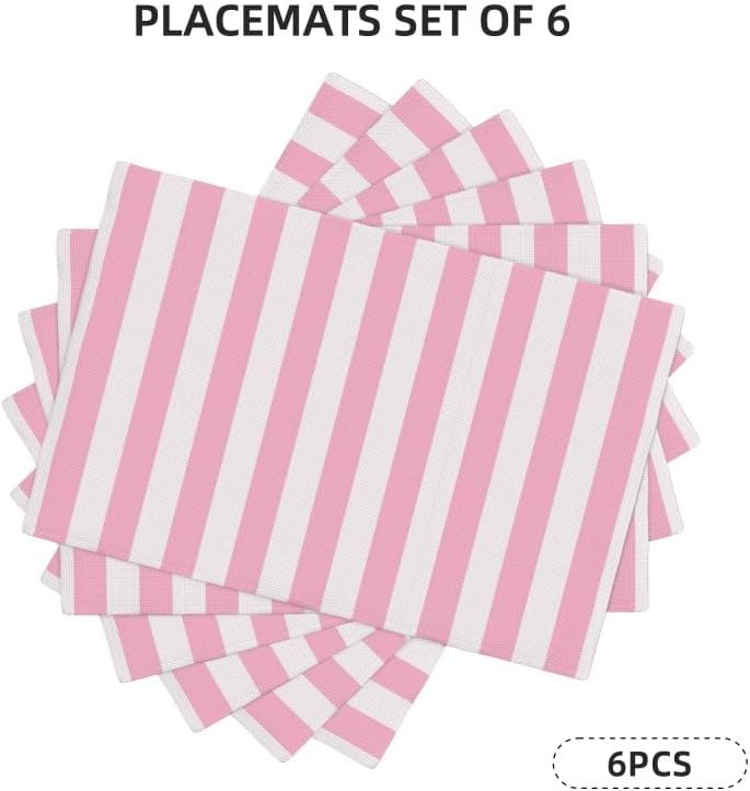 Stripe Placemat Set, Vertical Pink White Stripes Pattern Home Decor Linen Table Mats for Dining Room Kitchens Party Cafe Festive Banquet Wedding Decor, 18" L x 12" W【6 PCS】