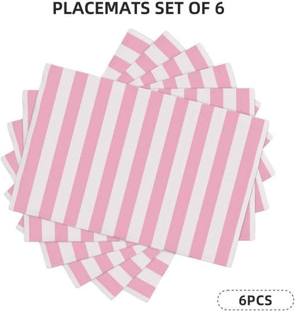 Stripe Placemat Set, Vertical Pink White Stripes Pattern Home Decor Linen Table Mats for Dining Room Kitchens Party Cafe Festive Banquet Wedding Decor, 18" L x 12" W【6 PCS】