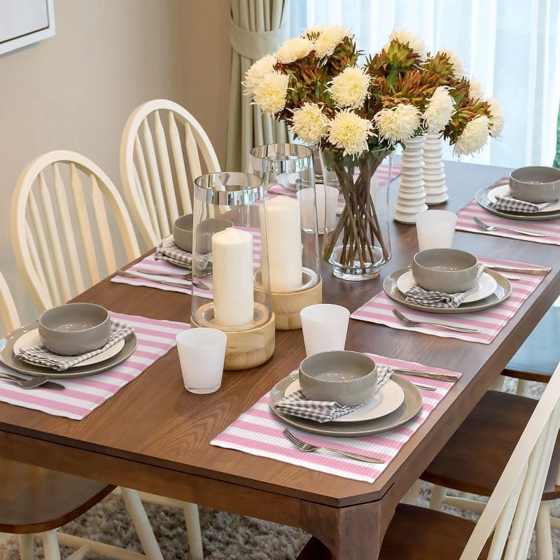 Stripe Placemat Set, Vertical Pink White Stripes Pattern Home Decor Linen Table Mats for Dining Room Kitchens Party Cafe Festive Banquet Wedding Decor, 18" L x 12" W【6 PCS】