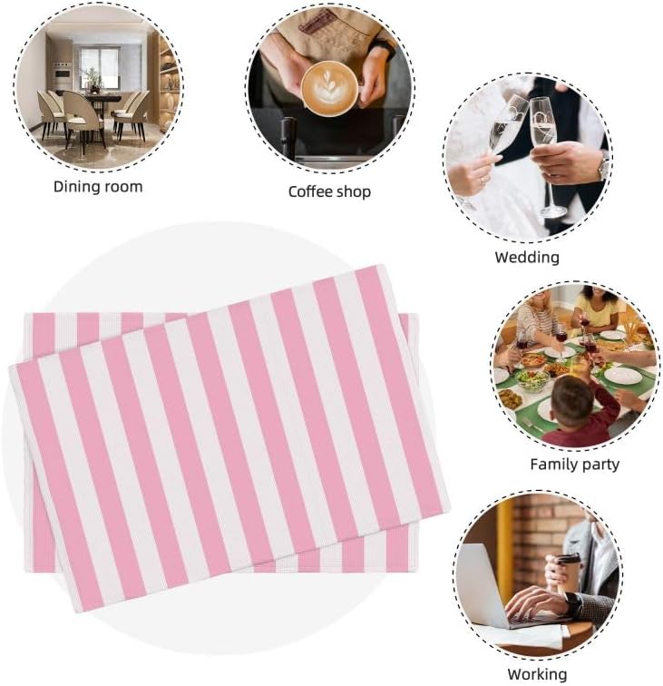 Stripe Placemat Set, Vertical Pink White Stripes Pattern Home Decor Linen Table Mats for Dining Room Kitchens Party Cafe Festive Banquet Wedding Decor, 18" L x 12" W【6 PCS】