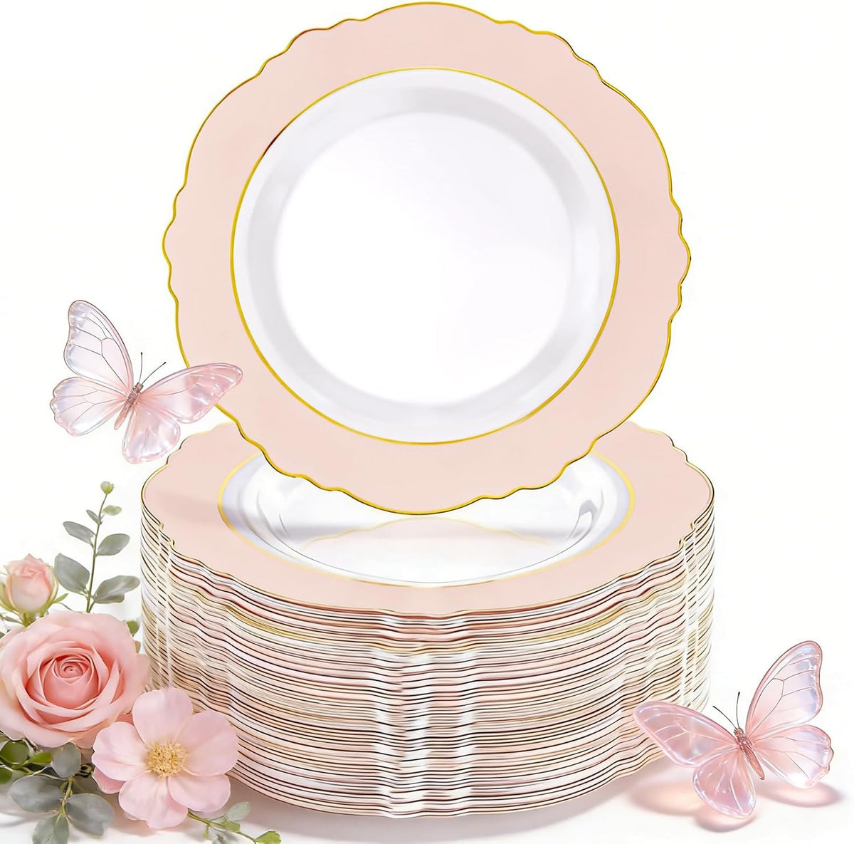 60pcs Pink Plastic Plates - 10.25inch Baroque Pink And Gold Disposable Dinner Plates for Upscale Parties -Special for Baby Shower/Birthday/Weddings