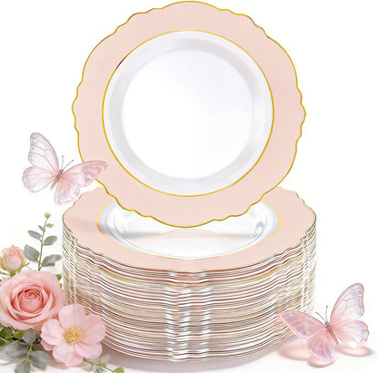 60pcs Pink Plastic Plates - 10.25inch Baroque Pink And Gold Disposable Dinner Plates for Upscale Parties -Special for Baby Shower/Birthday/Weddings