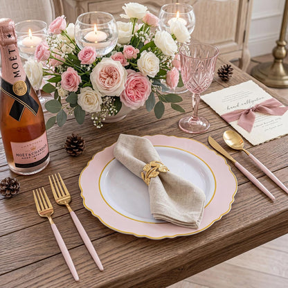 60pcs Pink Plastic Plates - 10.25inch Baroque Pink And Gold Disposable Dinner Plates for Upscale Parties -Special for Baby Shower/Birthday/Weddings
