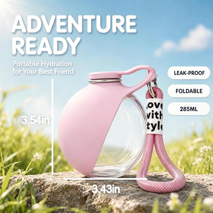 Dog Water Bottle, 2-in-1 Portable Pet Water Bottle with Silicone Bowl Pink | 2-in-1 dog water bottle with pop-up silicone bowl, leakproof stainless steel design for walking, hiking and travel.