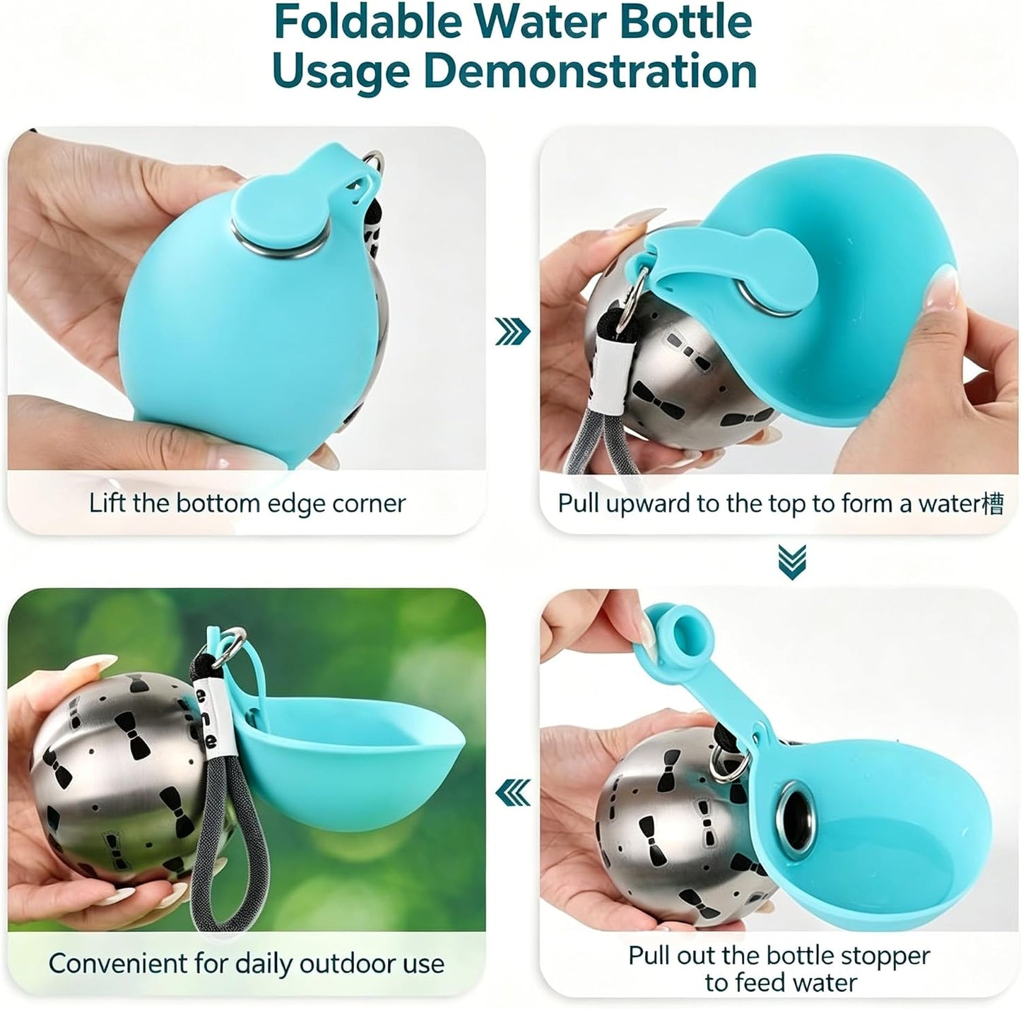 Dog Water Bottle, 2-in-1 Portable Pet Water Bottle with Silicone Bowl Pink | 2-in-1 dog water bottle with pop-up silicone bowl, leakproof stainless steel design for walking, hiking and travel.