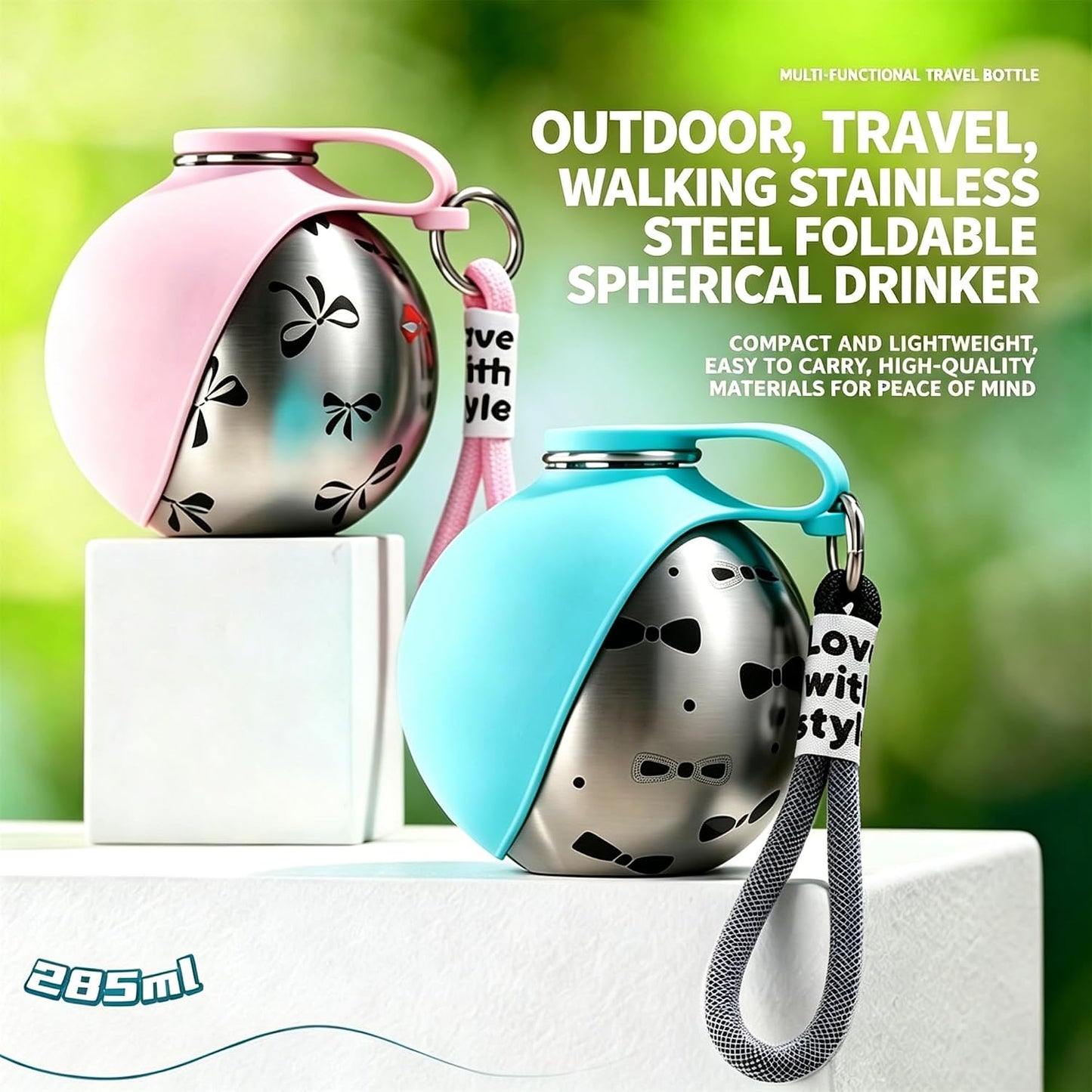 Dog Water Bottle, 2-in-1 Portable Pet Water Bottle with Silicone Bowl Pink | 2-in-1 dog water bottle with pop-up silicone bowl, leakproof stainless steel design for walking, hiking and travel.
