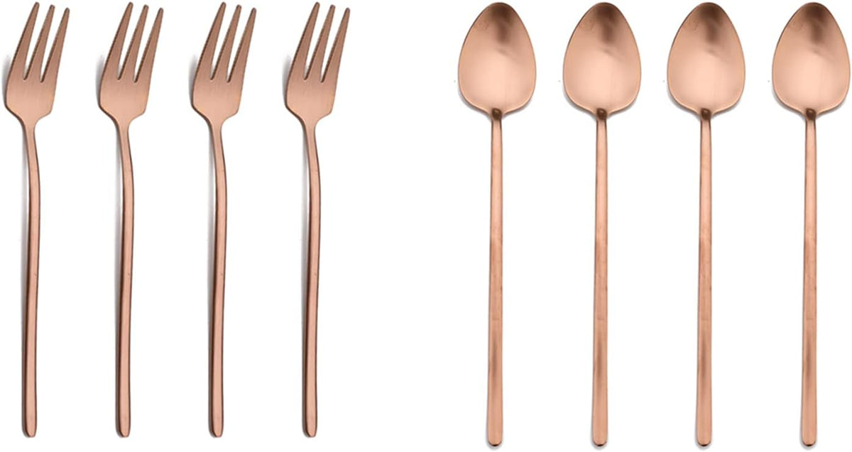 Modern Design 304 Stainless Steel 5.3" Tea Fork Set,3 prong Small Cake Fruit Forks and 5.4" Coffee Spoons Frosted Handle for Coffee Ice Cream Sugar Parties Events Wedding - Rose Gold