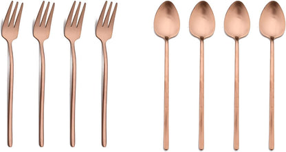 Modern Design 304 Stainless Steel 5.3" Tea Fork Set,3 prong Small Cake Fruit Forks and 5.4" Coffee Spoons Frosted Handle for Coffee Ice Cream Sugar Parties Events Wedding - Rose Gold