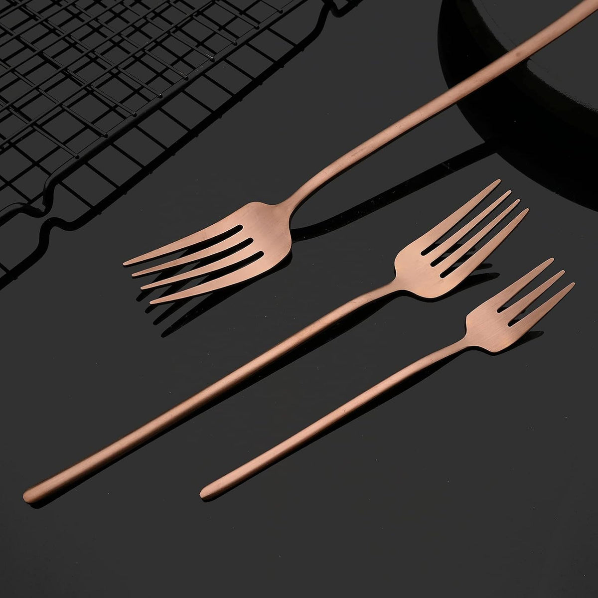 Modern Design 304 Stainless Steel 5.3" Tea Fork Set,3 prong Small Cake Fruit Forks and 5.4" Coffee Spoons Frosted Handle for Coffee Ice Cream Sugar Parties Events Wedding - Rose Gold