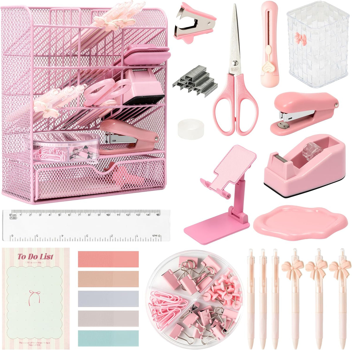 Pink Desk Organizer Accessories - 21pcs Aesthetic Office School Storage Supplies with Mesh Desk Organizer, Bow Pen Holder, Tape Dispenser, Ruler, Clip, Phone Stand Stationery Kit for Girl Women