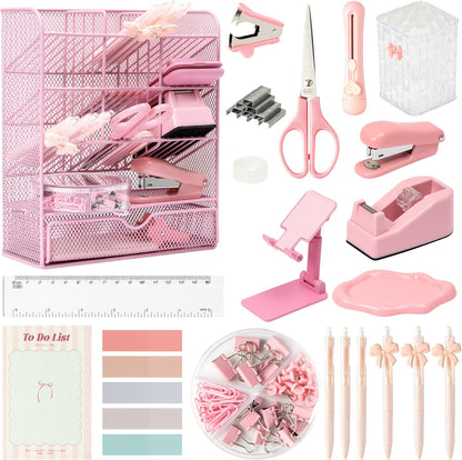Pink Desk Organizer Accessories - 21pcs Aesthetic Office School Storage Supplies with Mesh Desk Organizer, Bow Pen Holder, Tape Dispenser, Ruler, Clip, Phone Stand Stationery Kit for Girl Women