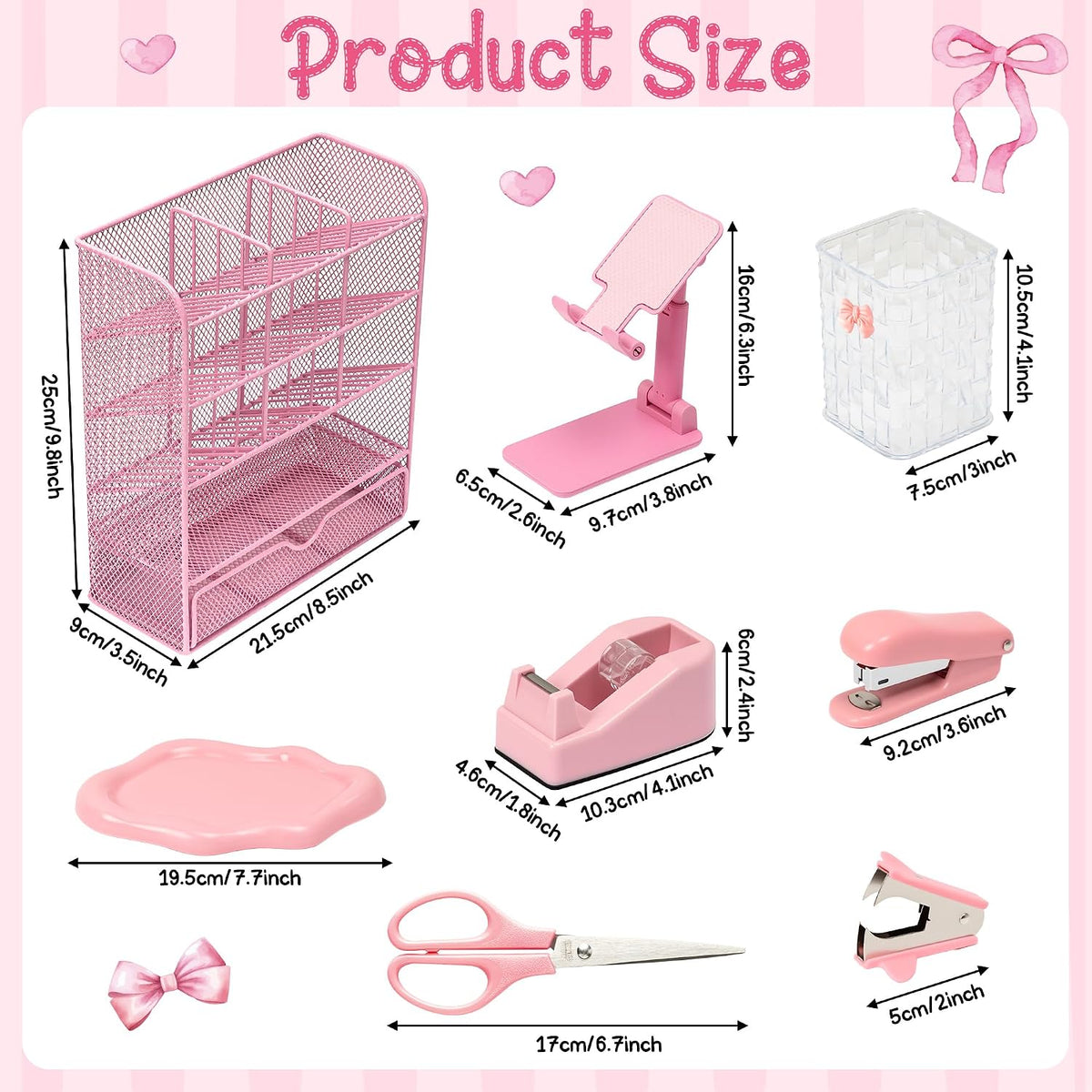 Pink Desk Organizer Accessories - 21pcs Aesthetic Office School Storage Supplies with Mesh Desk Organizer, Bow Pen Holder, Tape Dispenser, Ruler, Clip, Phone Stand Stationery Kit for Girl Women