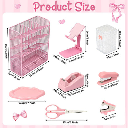 Pink Desk Organizer Accessories - 21pcs Aesthetic Office School Storage Supplies with Mesh Desk Organizer, Bow Pen Holder, Tape Dispenser, Ruler, Clip, Phone Stand Stationery Kit for Girl Women