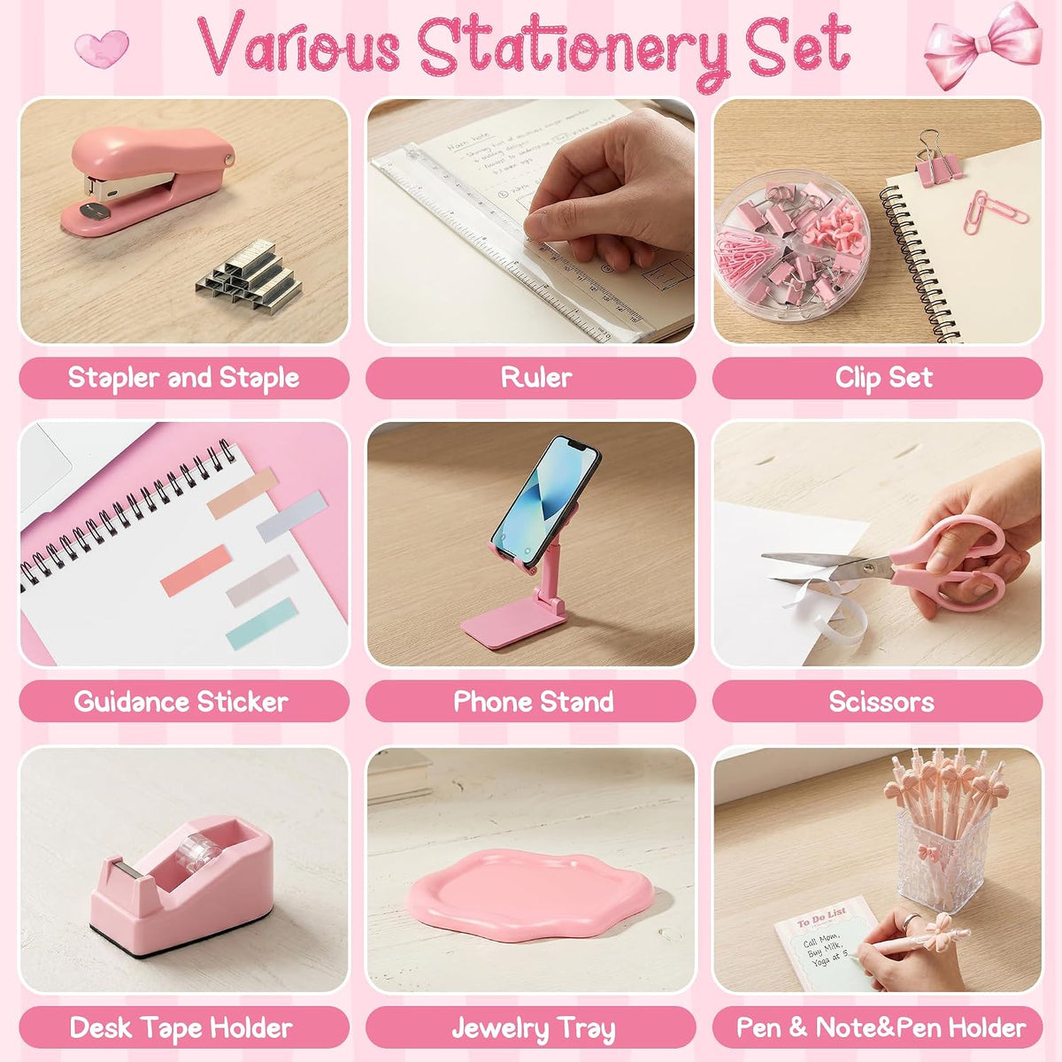 Pink Desk Organizer Accessories - 21pcs Aesthetic Office School Storage Supplies with Mesh Desk Organizer, Bow Pen Holder, Tape Dispenser, Ruler, Clip, Phone Stand Stationery Kit for Girl Women