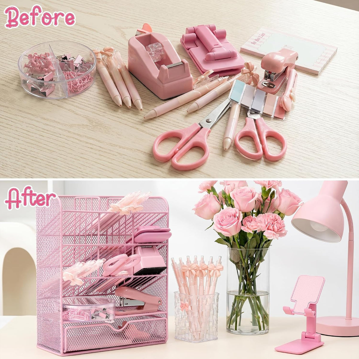 Pink Desk Organizer Accessories - 21pcs Aesthetic Office School Storage Supplies with Mesh Desk Organizer, Bow Pen Holder, Tape Dispenser, Ruler, Clip, Phone Stand Stationery Kit for Girl Women