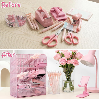 Pink Desk Organizer Accessories - 21pcs Aesthetic Office School Storage Supplies with Mesh Desk Organizer, Bow Pen Holder, Tape Dispenser, Ruler, Clip, Phone Stand Stationery Kit for Girl Women