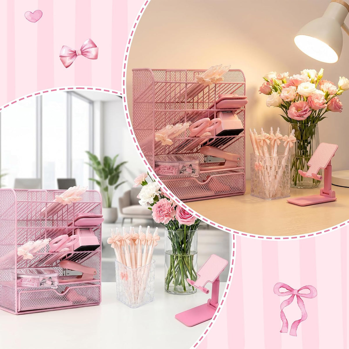Pink Desk Organizer Accessories - 21pcs Aesthetic Office School Storage Supplies with Mesh Desk Organizer, Bow Pen Holder, Tape Dispenser, Ruler, Clip, Phone Stand Stationery Kit for Girl Women