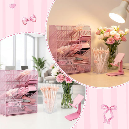 Pink Desk Organizer Accessories - 21pcs Aesthetic Office School Storage Supplies with Mesh Desk Organizer, Bow Pen Holder, Tape Dispenser, Ruler, Clip, Phone Stand Stationery Kit for Girl Women