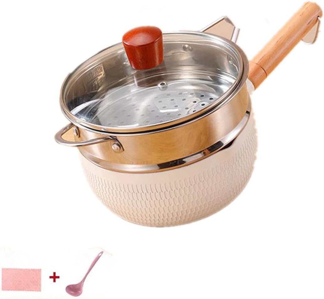 Sauce pan with Lid, 2.5 Quart Nonstick Small Pot, Induction Compatible Aluminum Cooking Pot for Milk, Soup, Pasta, Egg, Rice (pink with steamer)