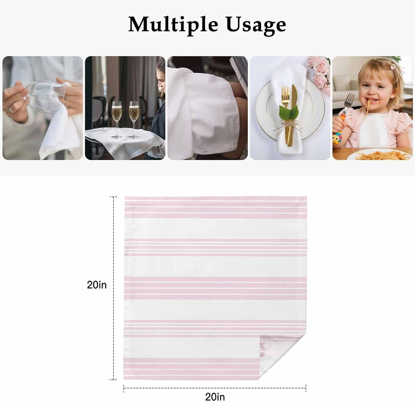 Pink Stripes Cloth Napkins Set of 4, Holiday Napkins for Baby Shower, Modern Boho Simple Lines Art Washable Reusable Dinner Napkin for Cocktail Wedding Party, 20 x 20 Inch