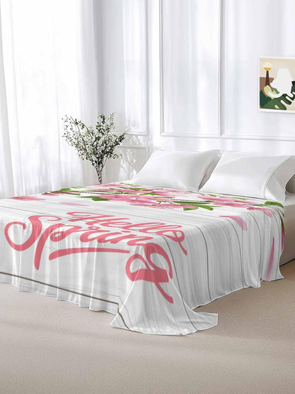 Top Sheet Queen Bedding Flat Sheet Only, Hello Spring Peach Blossom Floral Microfiber Bed Sheets Soft Breathable Bedding Flat Sheets, Pink Flower Rustic Wood Grain Hotel Luxury Top Sheets