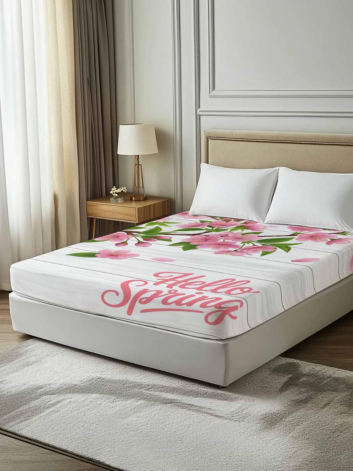 Top Sheet Queen Bedding Flat Sheet Only, Hello Spring Peach Blossom Floral Microfiber Bed Sheets Soft Breathable Bedding Flat Sheets, Pink Flower Rustic Wood Grain Hotel Luxury Top Sheets