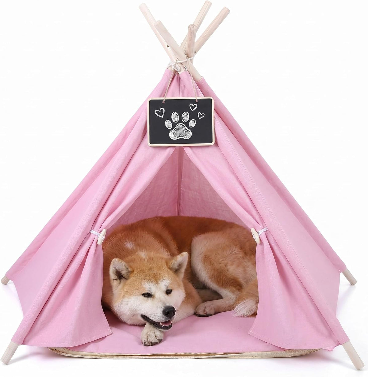 Pet Teepee Tents Dog & Puppy Cat Bed with Thick Cushion Portable Pet Houses Pink Dog Teepee Tents for Puppy & Cat(L: 24 x 24 x 29.5 Inch)