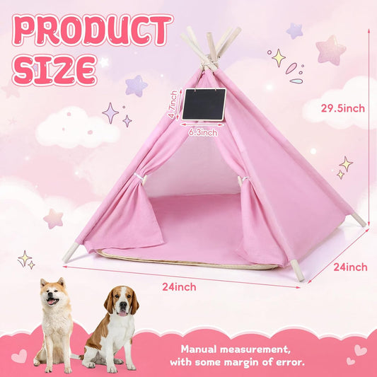 Pet Teepee Tents Dog & Puppy Cat Bed with Thick Cushion Portable Pet Houses Pink Dog Teepee Tents for Puppy & Cat(L: 24 x 24 x 29.5 Inch)