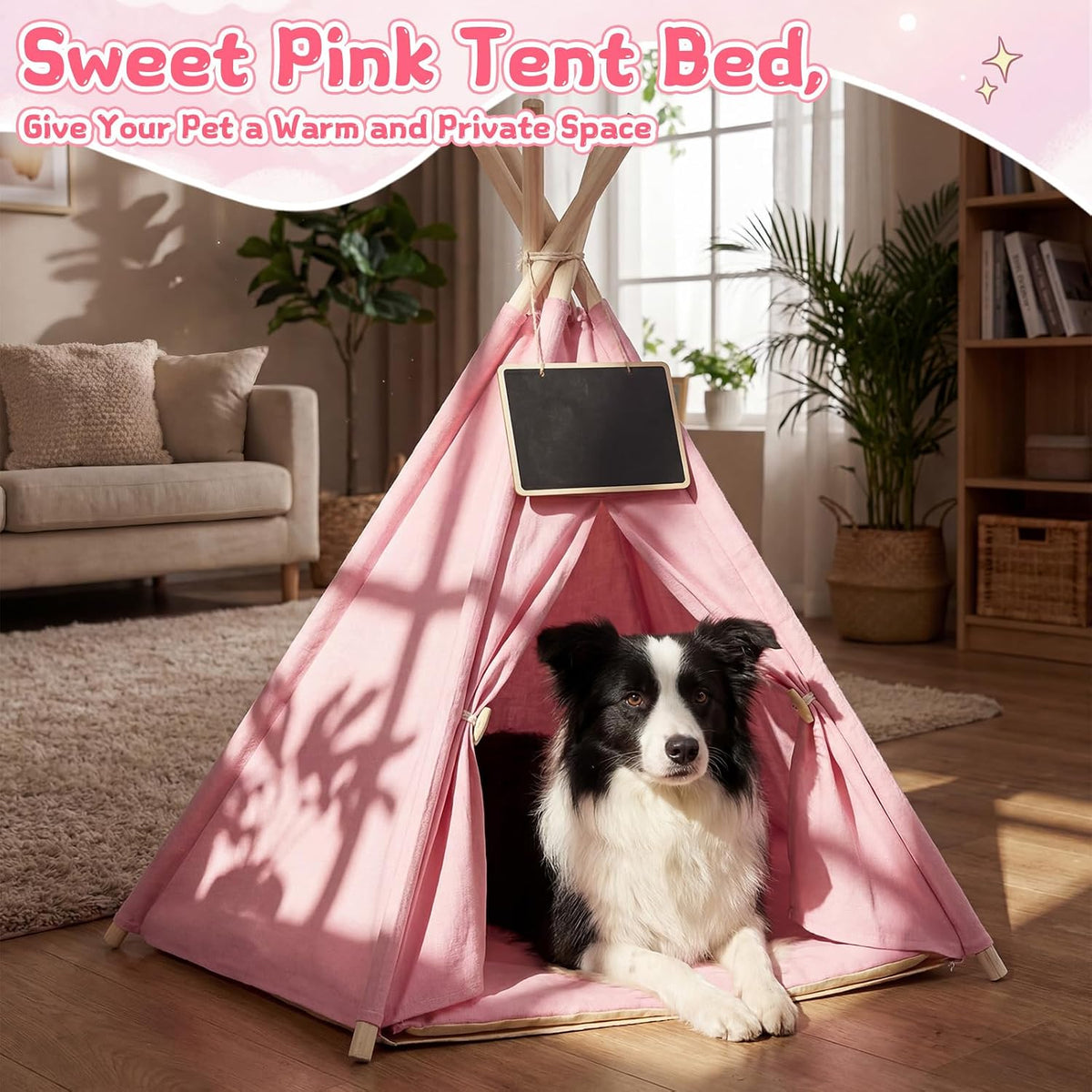 Pet Teepee Tents Dog & Puppy Cat Bed with Thick Cushion Portable Pet Houses Pink Dog Teepee Tents for Puppy & Cat(L: 24 x 24 x 29.5 Inch)
