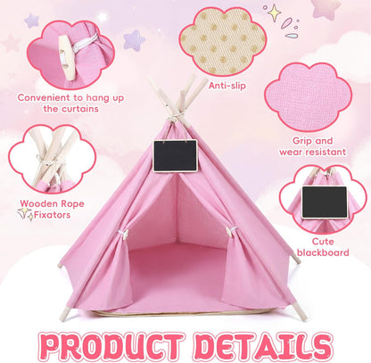 Pet Teepee Tents Dog & Puppy Cat Bed with Thick Cushion Portable Pet Houses Pink Dog Teepee Tents for Puppy & Cat(L: 24 x 24 x 29.5 Inch)