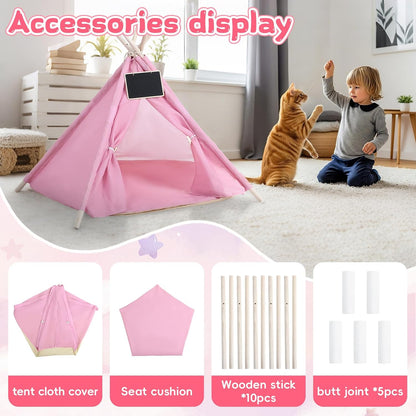 Pet Teepee Tents Dog & Puppy Cat Bed with Thick Cushion Portable Pet Houses Pink Dog Teepee Tents for Puppy & Cat(L: 24 x 24 x 29.5 Inch)