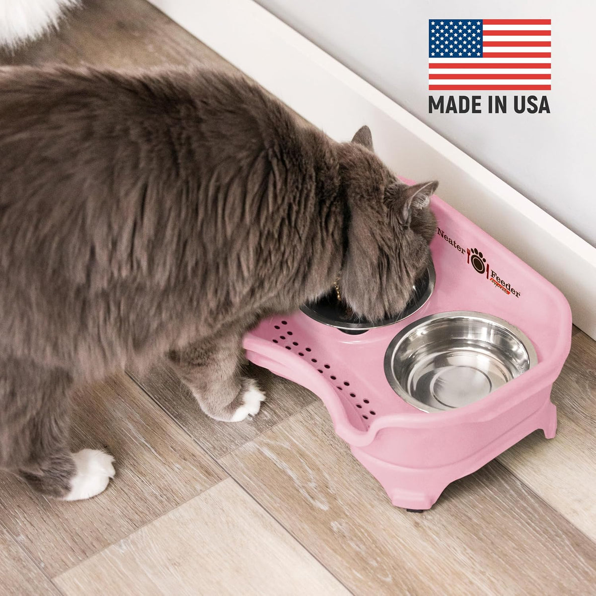 Neater Feeder Express Mess Proof Cat Bowls Elevated, No Spill Feeding Station, Stainless Steel Dishes for Food and Water, Raised Bowls for Indoor Cats, No Fatigue Whisker Friendly Dish, Pink