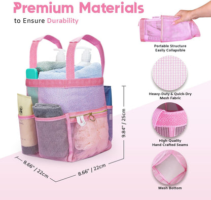 Mesh Shower Caddy Dorm, 7 Pockets & 1 with Zipper, Shower Tote with Padded Handles, Travel Portable, Shower Caddy College Room Essentials, Bathroom Shower Bag (Pink)