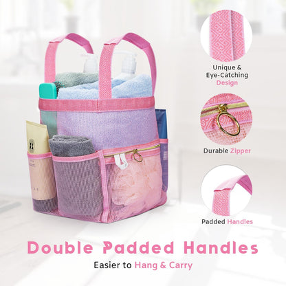 Mesh Shower Caddy Dorm, 7 Pockets & 1 with Zipper, Shower Tote with Padded Handles, Travel Portable, Shower Caddy College Room Essentials, Bathroom Shower Bag (Pink)