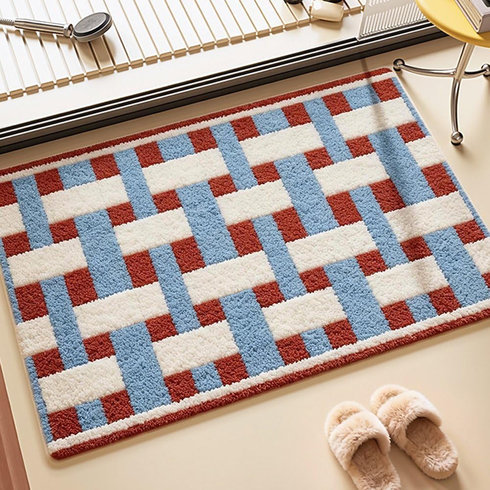 Pink Checkered Bath Mat, Washable Non-Slip Microfiber Bathroom Rug, Ultra Soft Absorbent Fluffy Floor Carpet for Shower Tub, Retro Plush Mat
