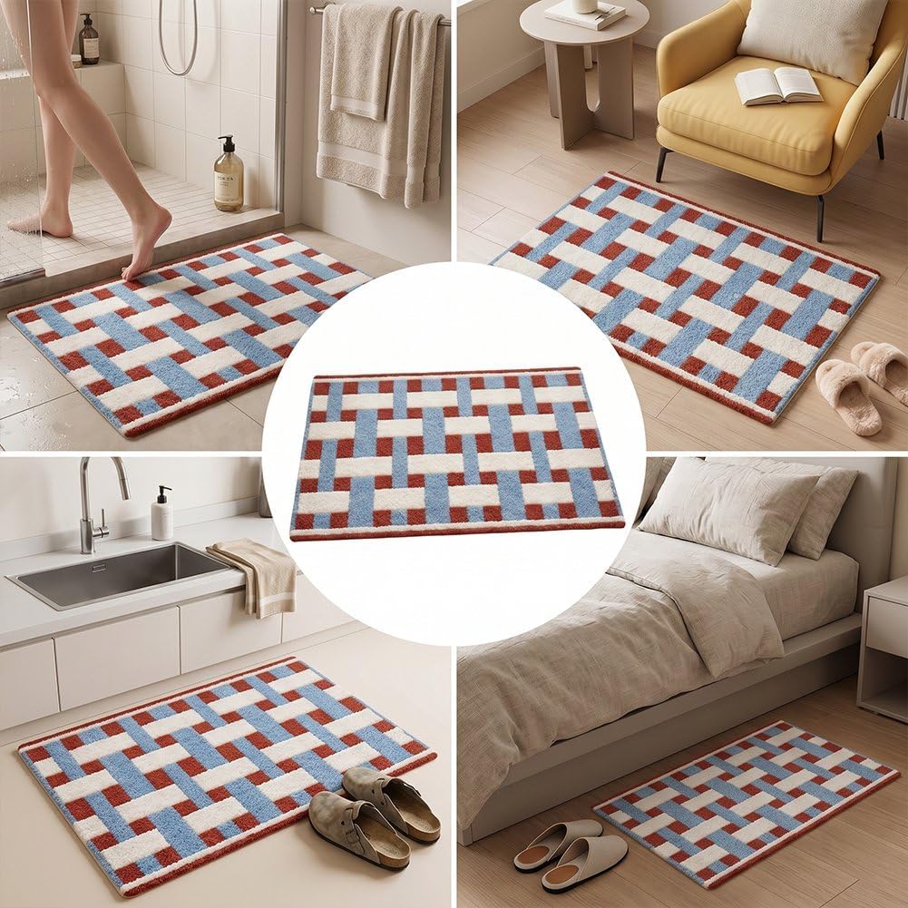 Pink Checkered Bath Mat, Washable Non-Slip Microfiber Bathroom Rug, Ultra Soft Absorbent Fluffy Floor Carpet for Shower Tub, Retro Plush Mat