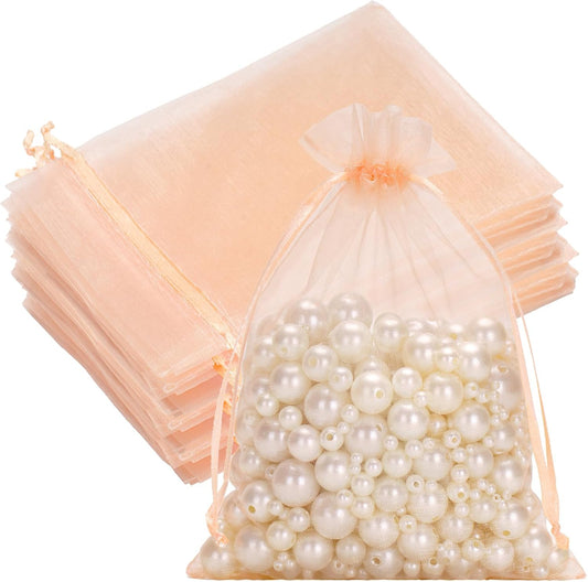 G2PLUS 25PCS Peach Organza Bags 5x7 inches - Sheer Mesh Jewelry Pouches, Organza Gift Bags with Drawstring for Candy, Jewelry, Wedding Party Favors